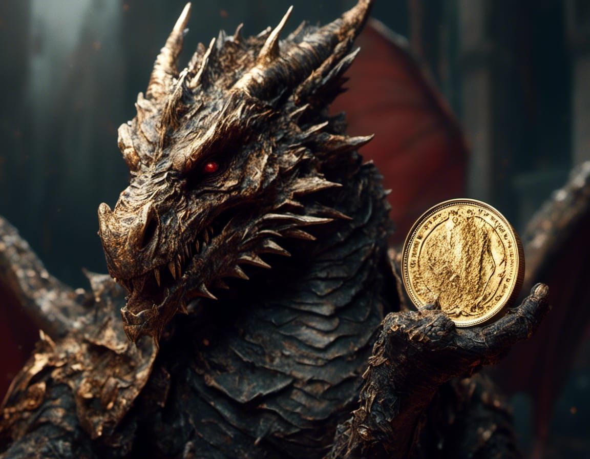 Small Dragon Guarding Gold Coin: Macabre Painting