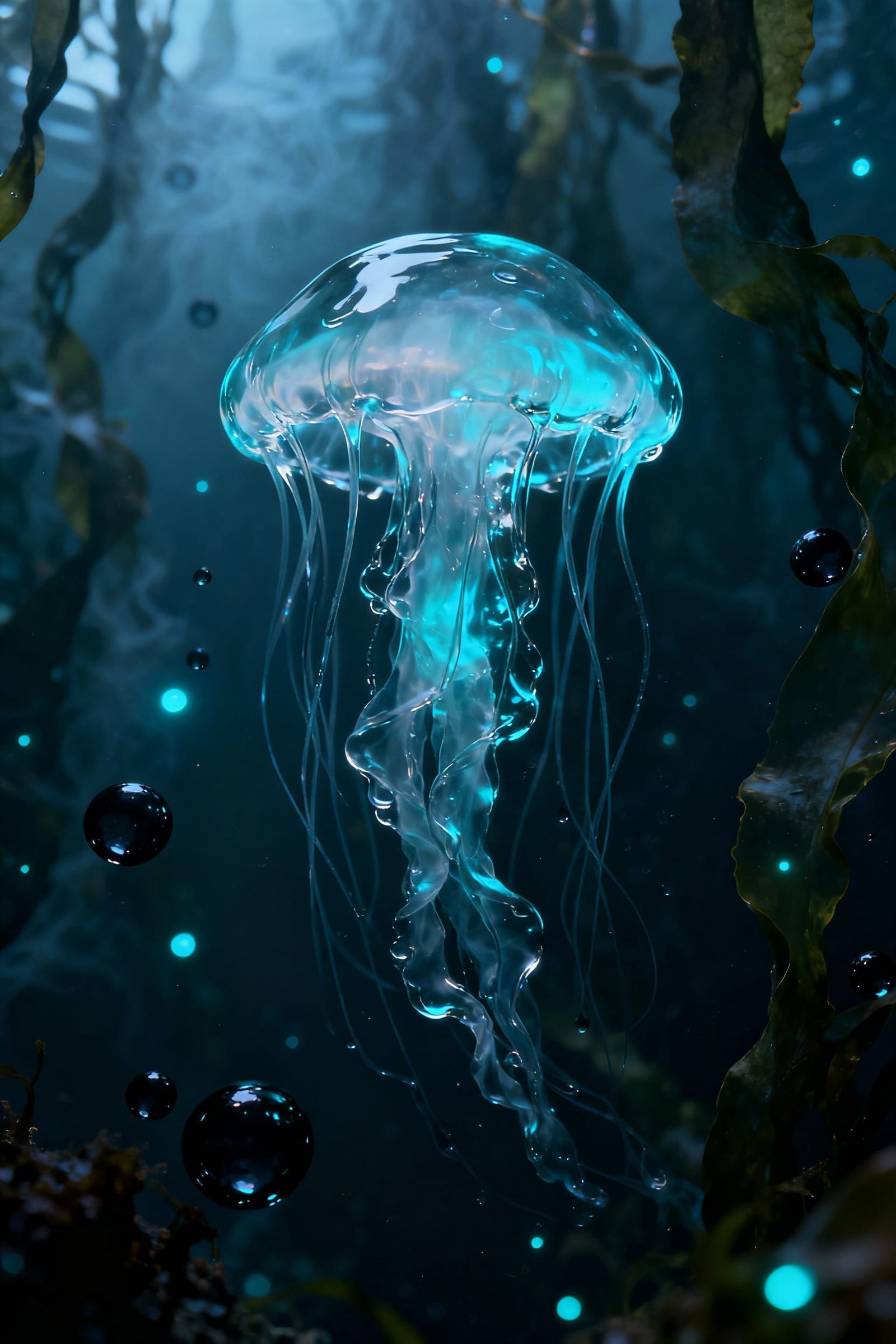 Bioluminescent Jellyfish Made of Water in Deep Sea