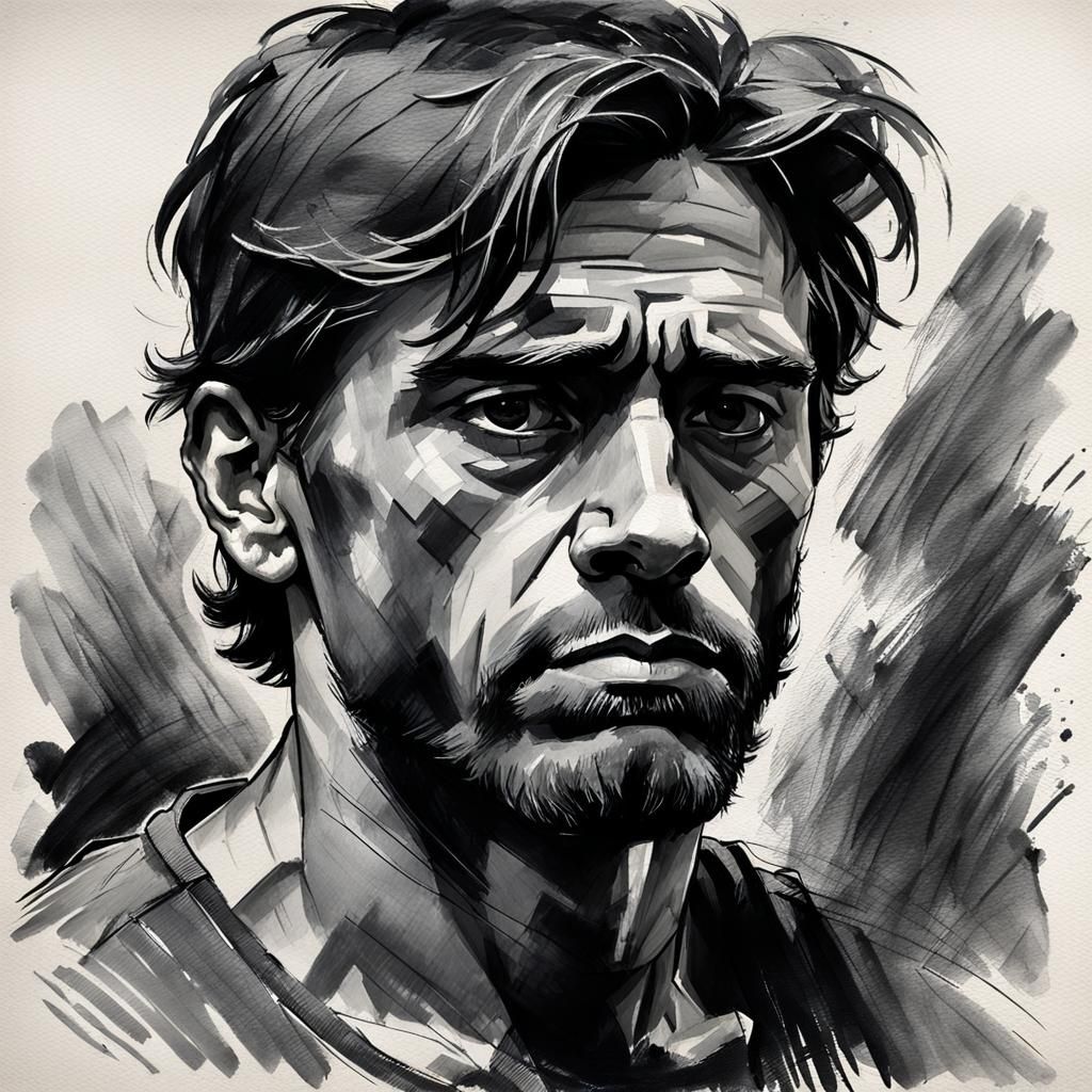 Sad Man Portrait in Impressionist Gouache Style