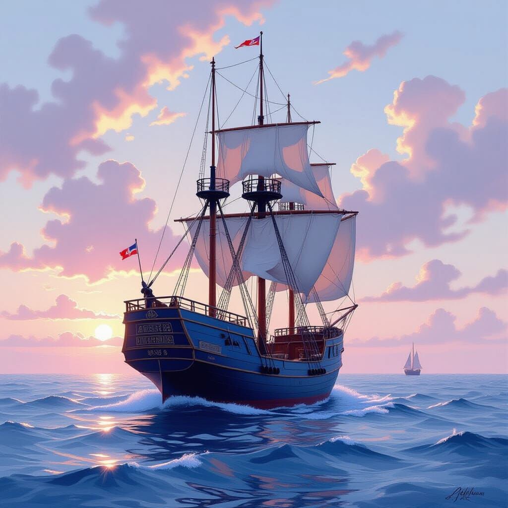 Old Blue Sailing Ship in Soft Ocean Hues