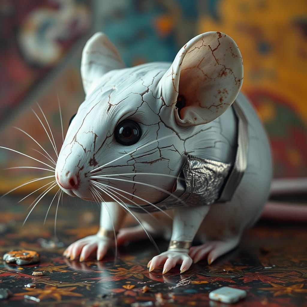Sorrowful Marble Mouse Mends with Duct Tape in Whimsical, Hy...