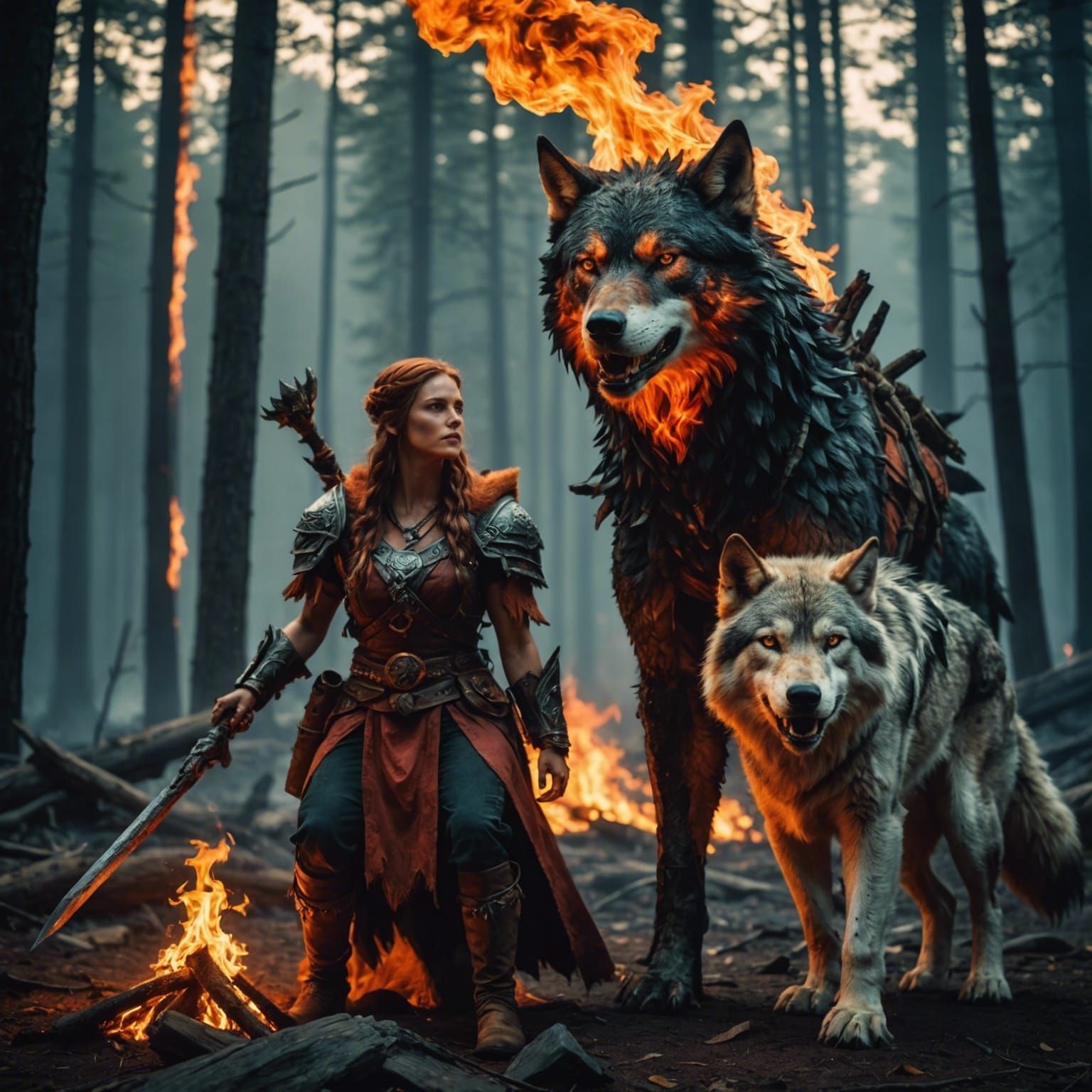 Wildfire Druid and Fire Wolf Companion in Cinematic Style