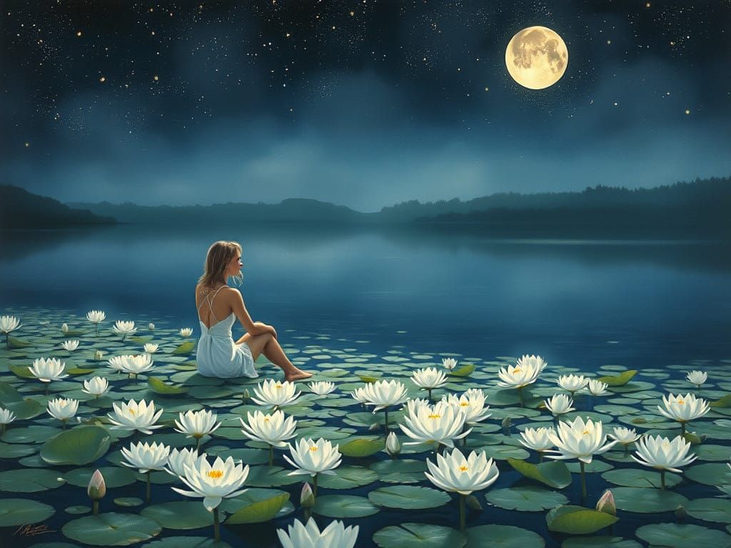 Peaceful Botanical Scene with Fireflies under a Full Moon