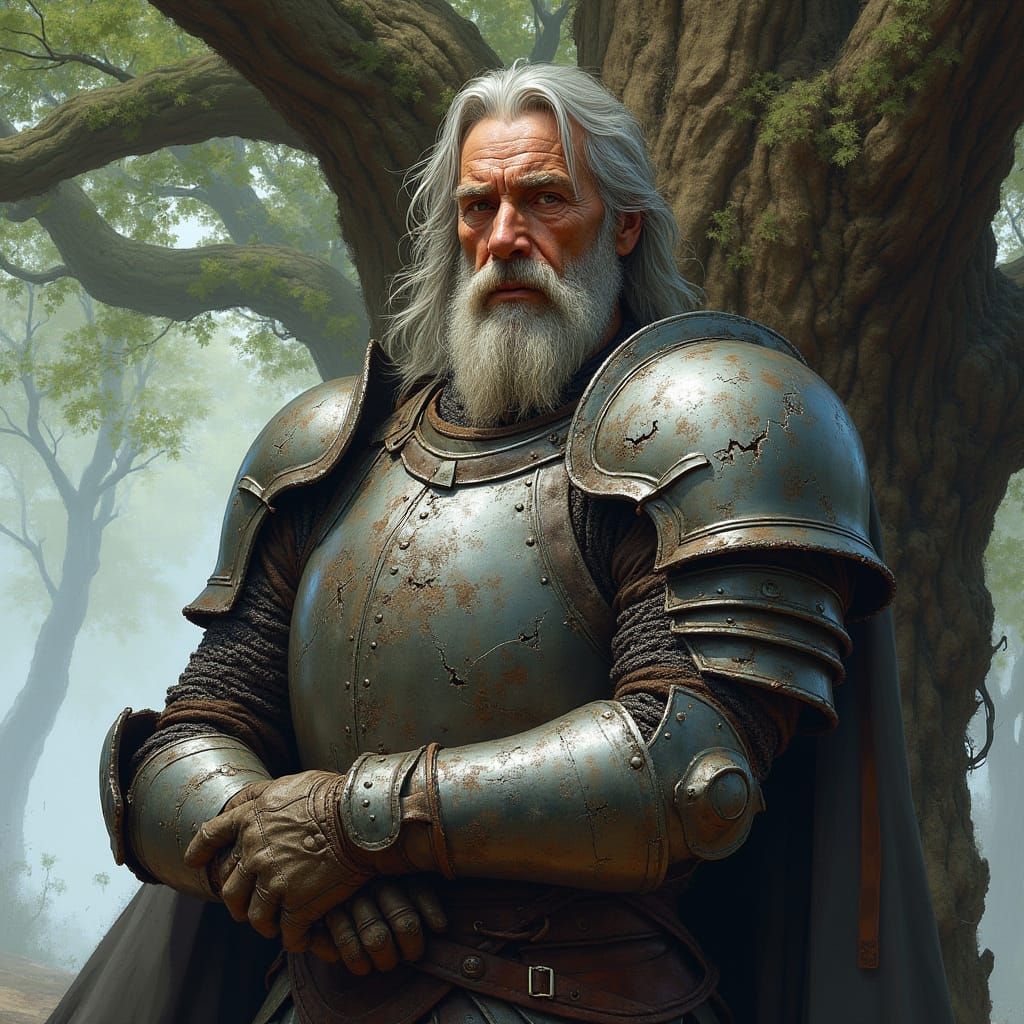 Battle-Scarred Warrior Unshields Beneath Ancient Tree