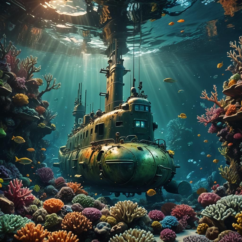 Mirrored Submarine Suspended Near Coral Reef