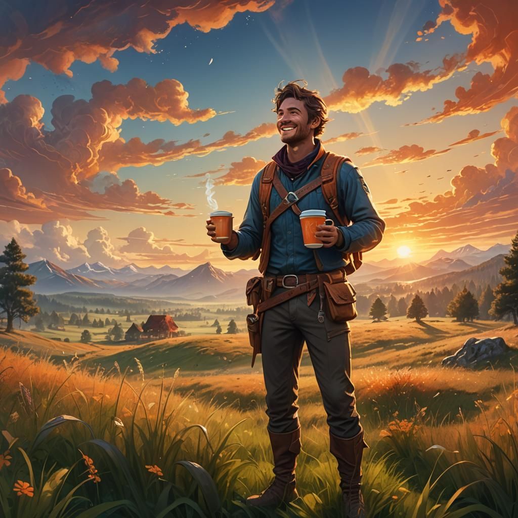Smiling Adventurer's Sunlit Coffee Break: Fantasy Matte Pain...