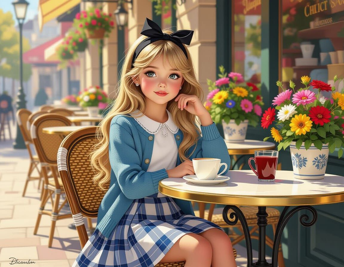 Girl at Cafe in Pin-Up Style with Disney Colors