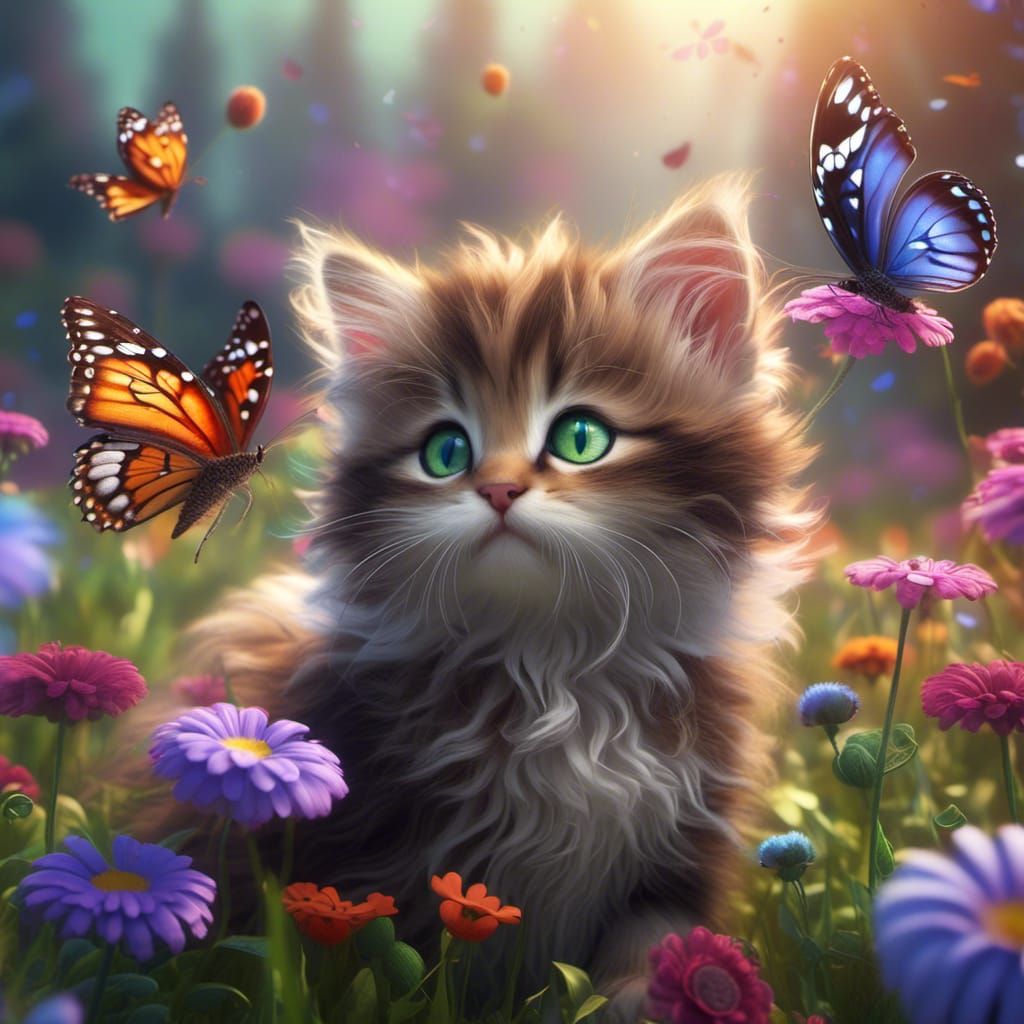 Fluffy Kitten Touches Noses With Butterfly in Enchanted Fiel...
