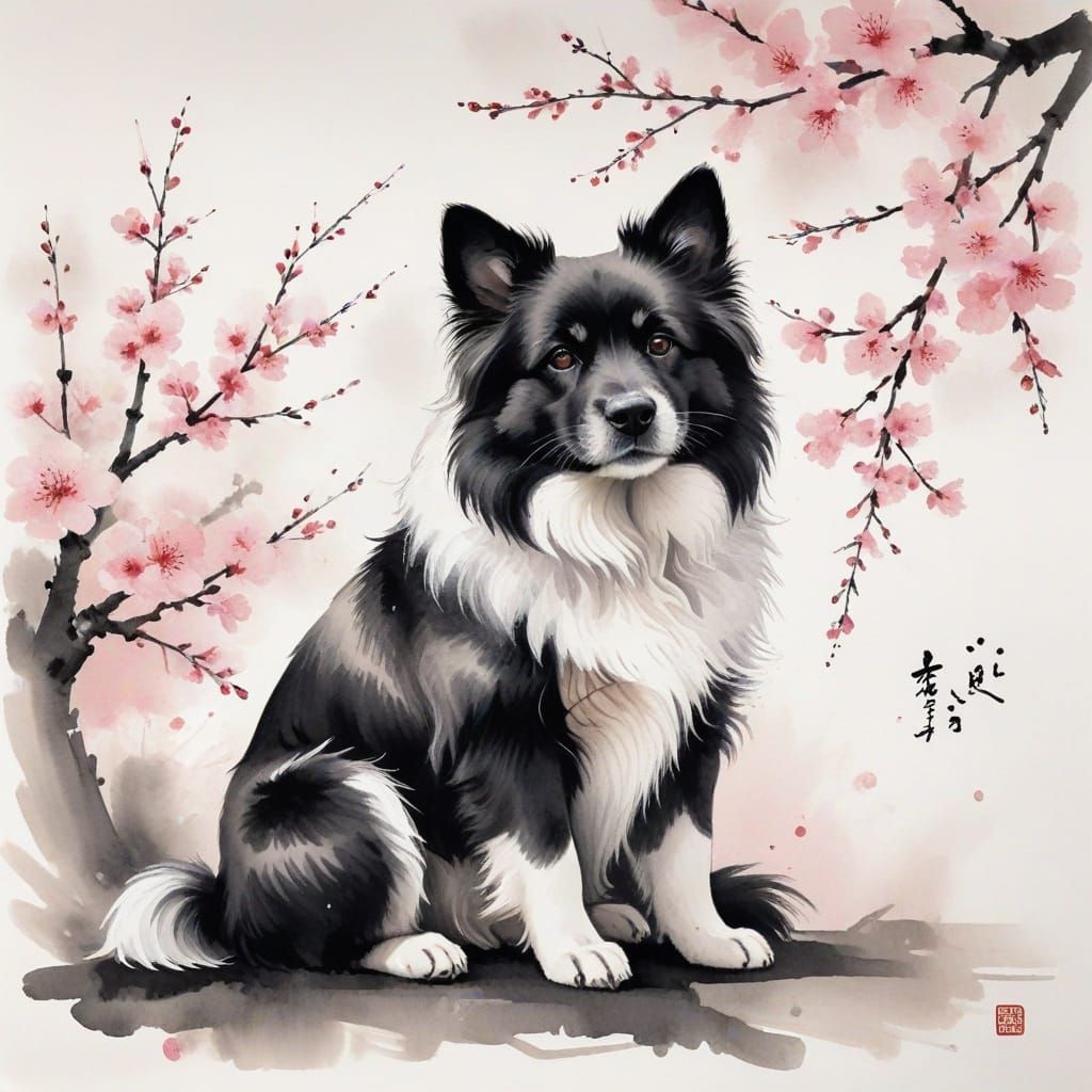 Surreal Sumi-e Painting of a Fluffy Dog Under Cherry Blossom...