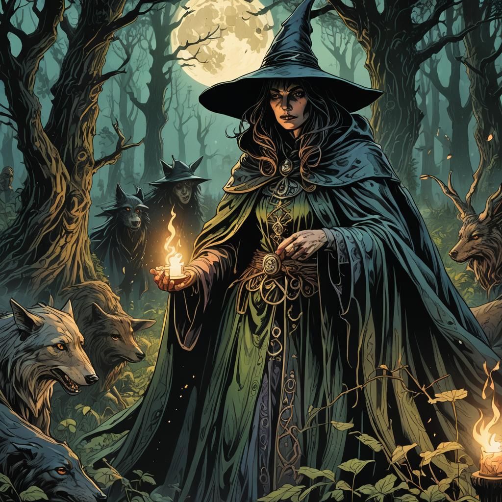 Village Witch Healing in Comic Book Style