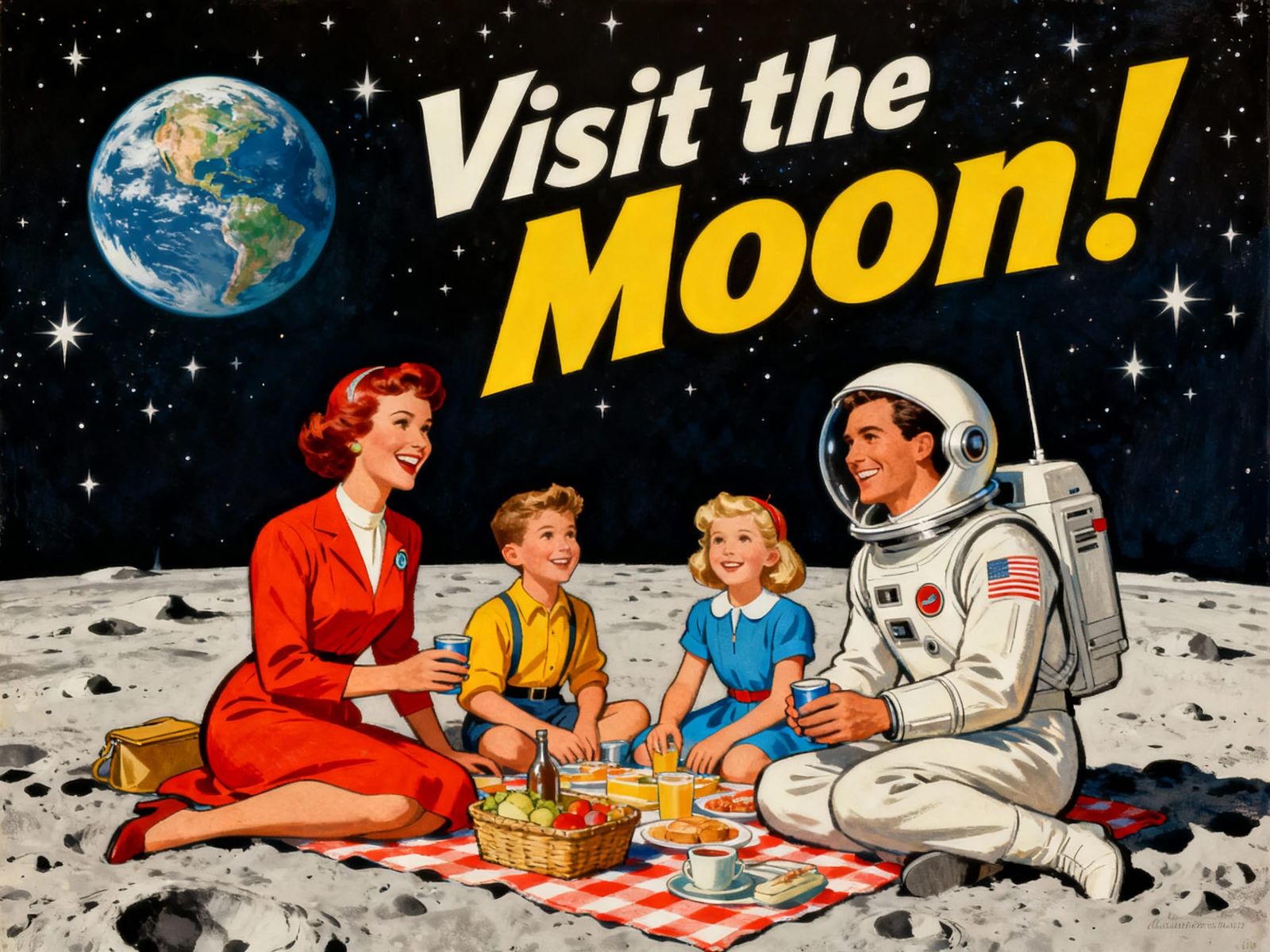 1950s Style Moon Vacation Travel Poster with Family Picnic