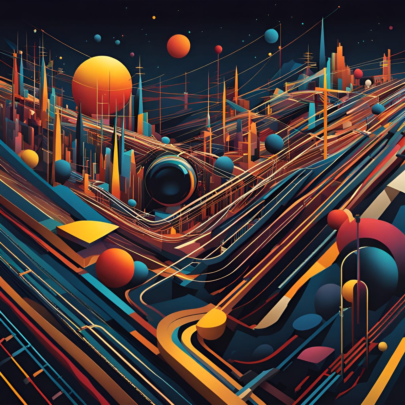 Colorful Mechanical Landscape in 3D Vector Art