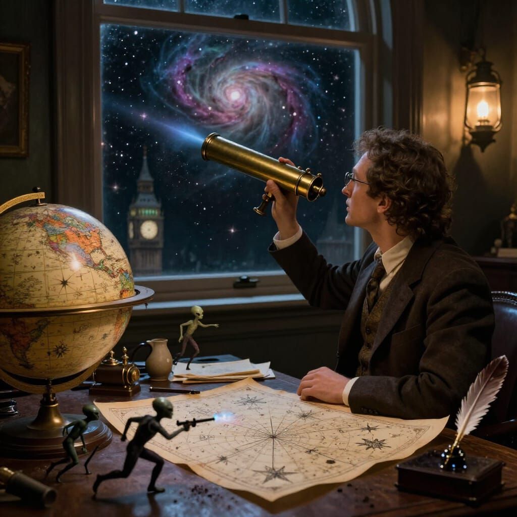 Celestial Cartographer's Study with Aliens and Big Ben