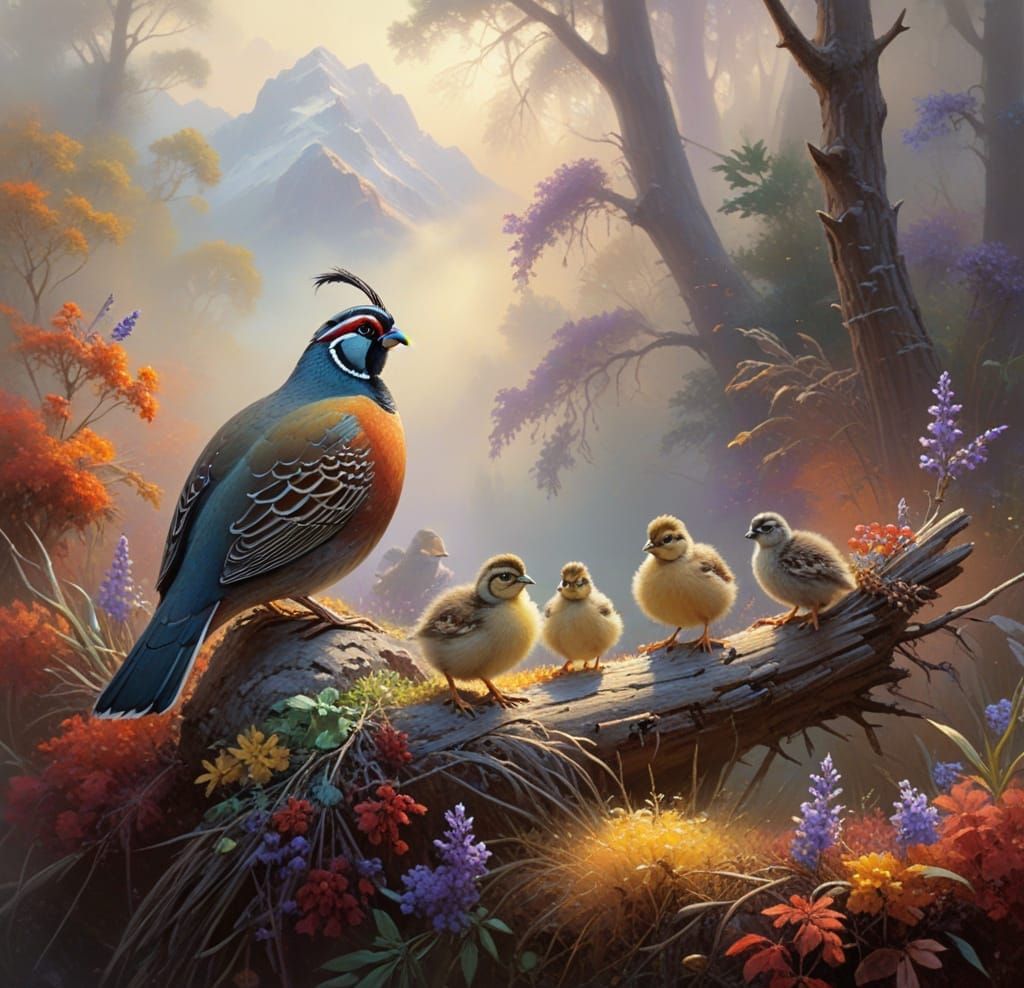 California Quail Family in Vibrant, Ethereal Mist