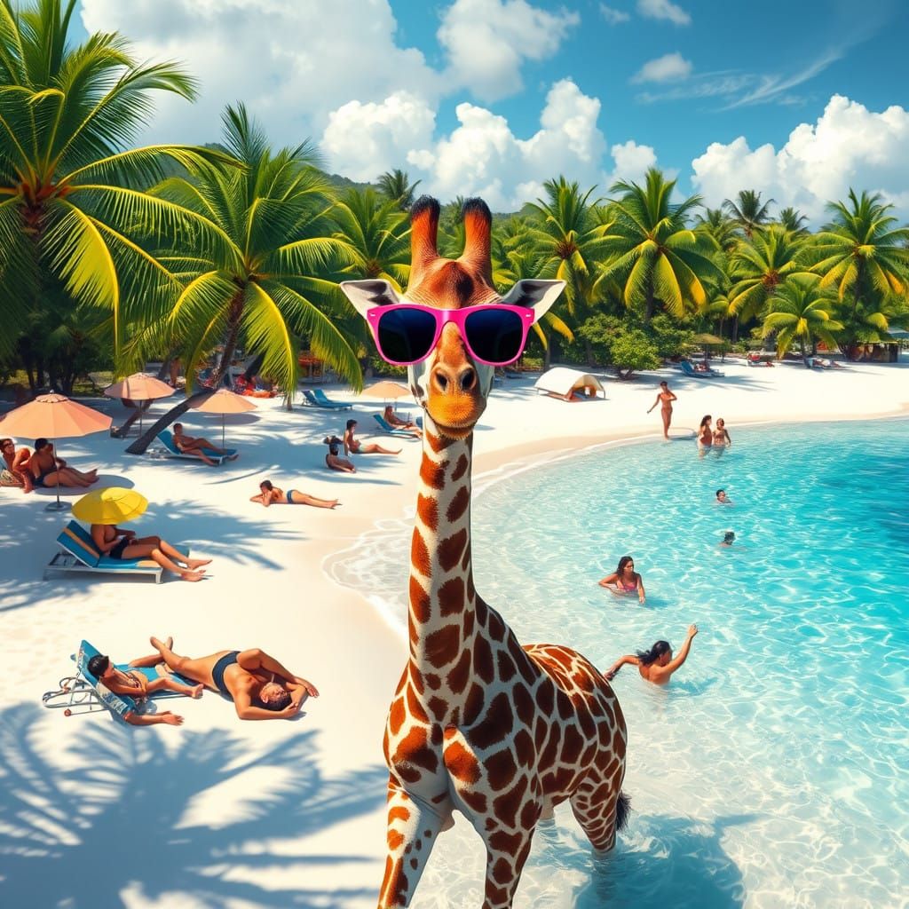 Surreal Beach Scene with Giraffe in Tropical Paradise