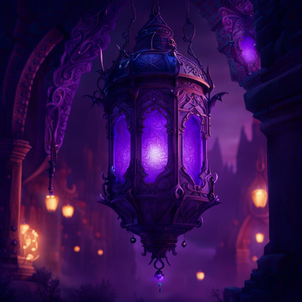 Elven City: Intricate Iron Lantern with Violet Flame