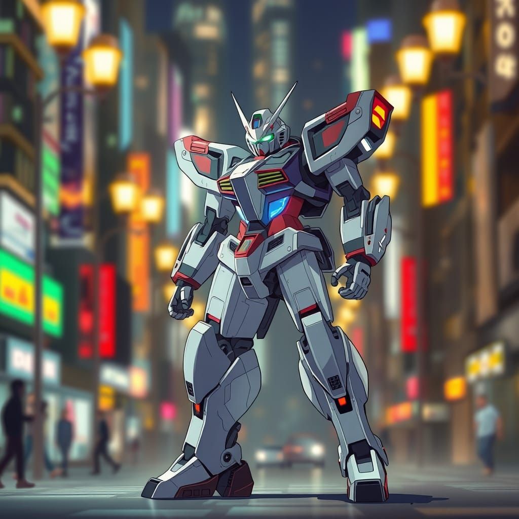 Mecha Warrior in Futuristic City, Anime Style