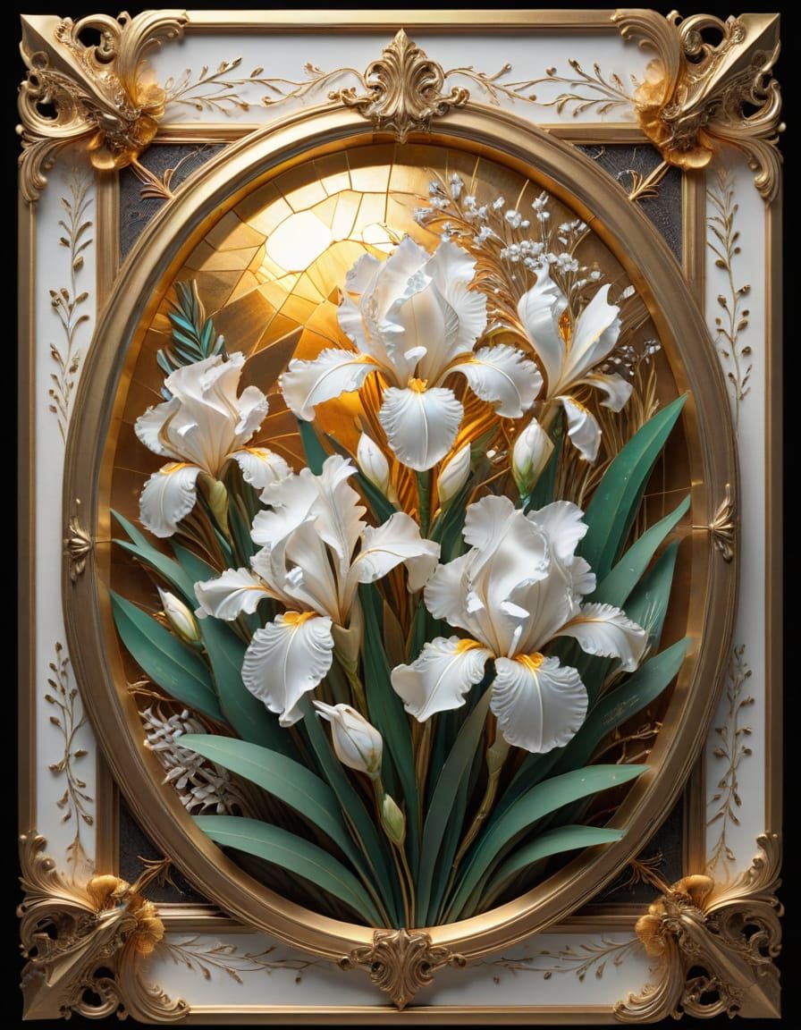 Victorian Stained-Glass Iris Flowers in Gold Frame