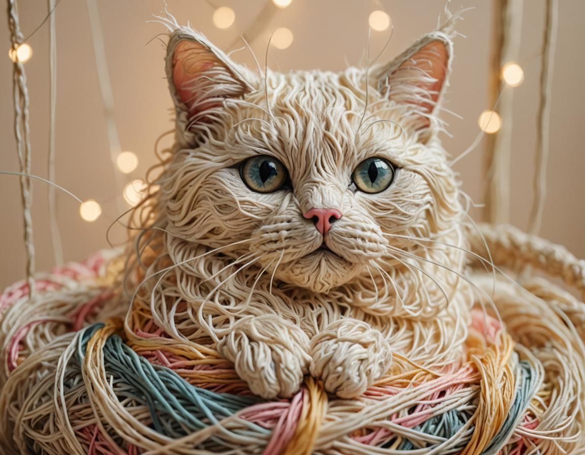 String Cat in Bed: Whimsical Macro Illustration