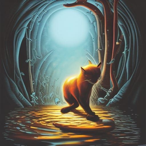 Black Cat on Water Well in Comic Book Style