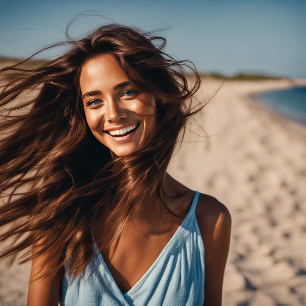 Sensual Brunette on Windy Beach with Knowing Smile