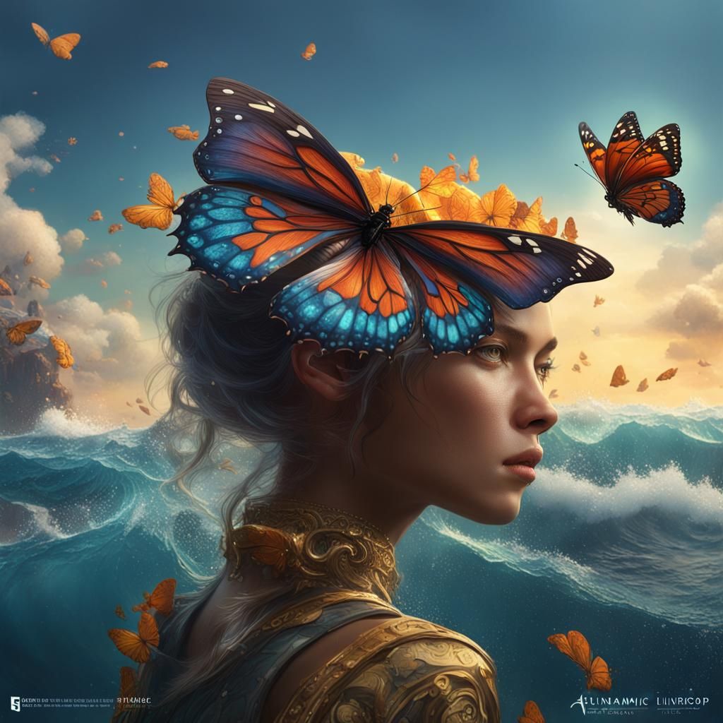 Butterfly on Ocean Waves: Detailed Matte Painting