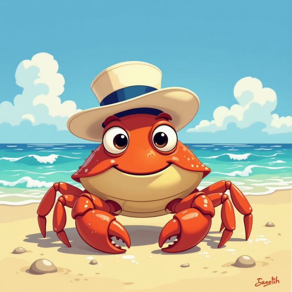 Whimsical Cartoon Crab in Sailor Hat on Beach