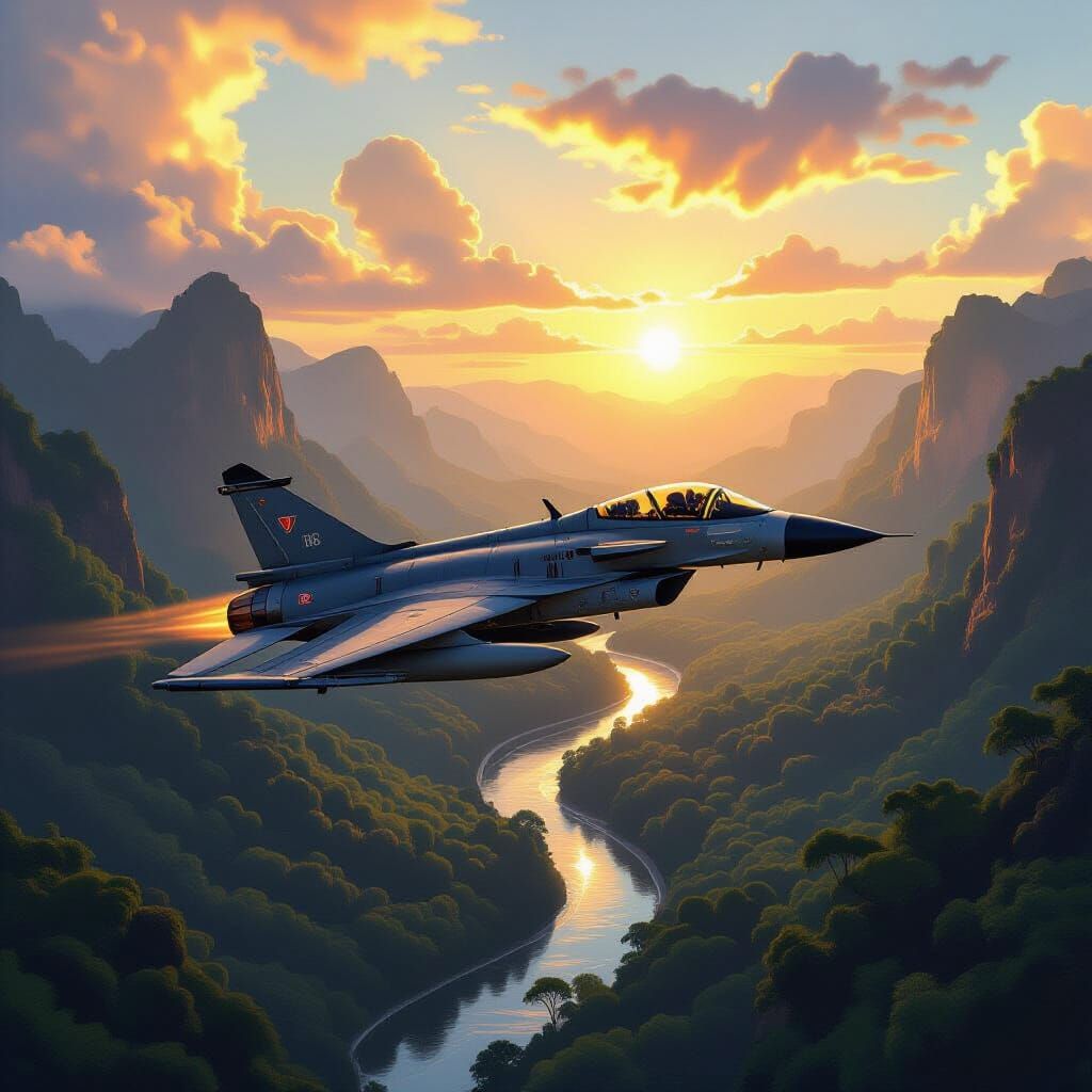 Gripen Jet Flies Over Rainforest Canyon at Sunrise