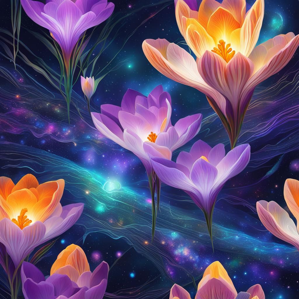 Astral Crocus Flower: Holographic Cosmic Illustration