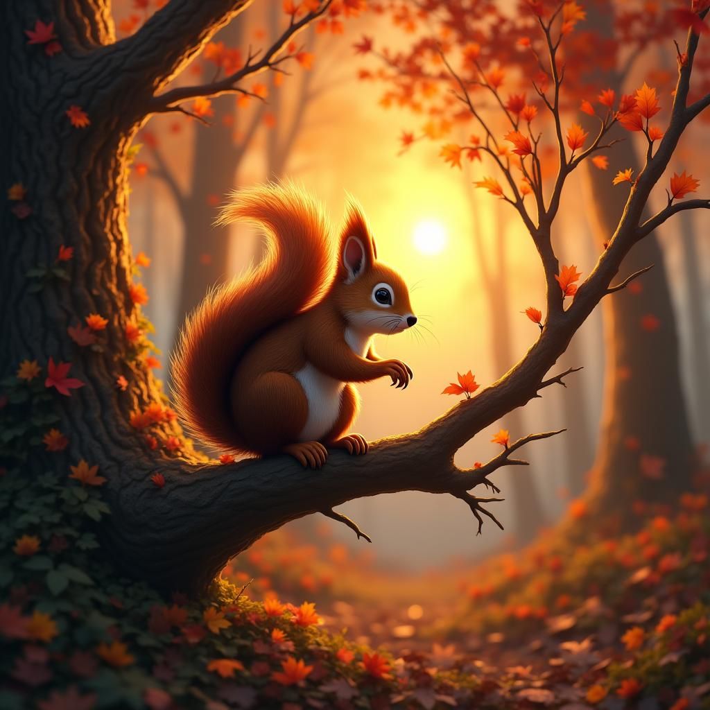 Squirrel in Autumn Sunset: Fantasy Matte Painting