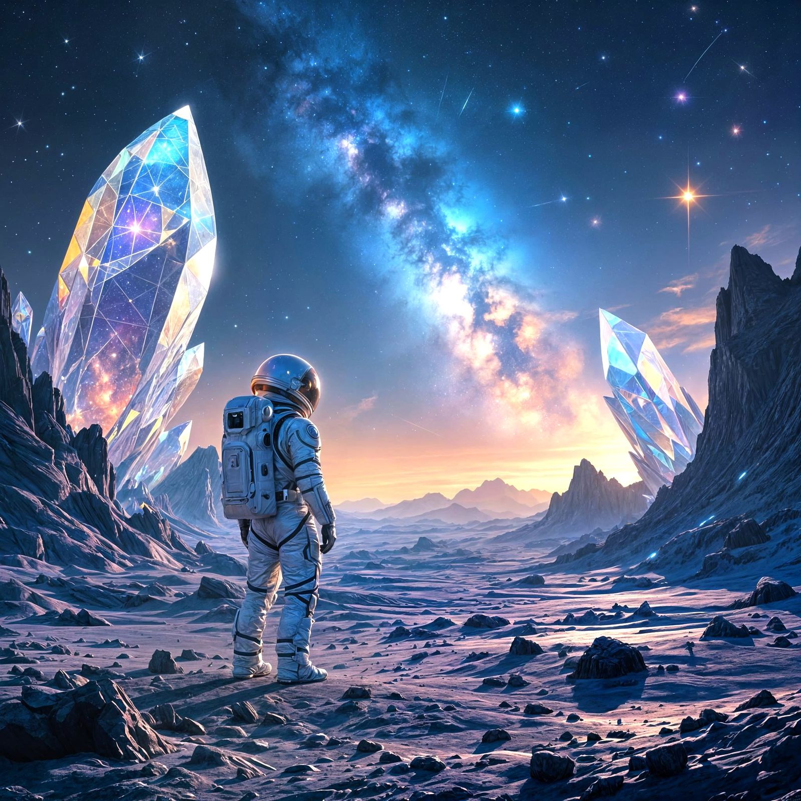 Astronaut on Alien Planet Gazing at Nebula Sky