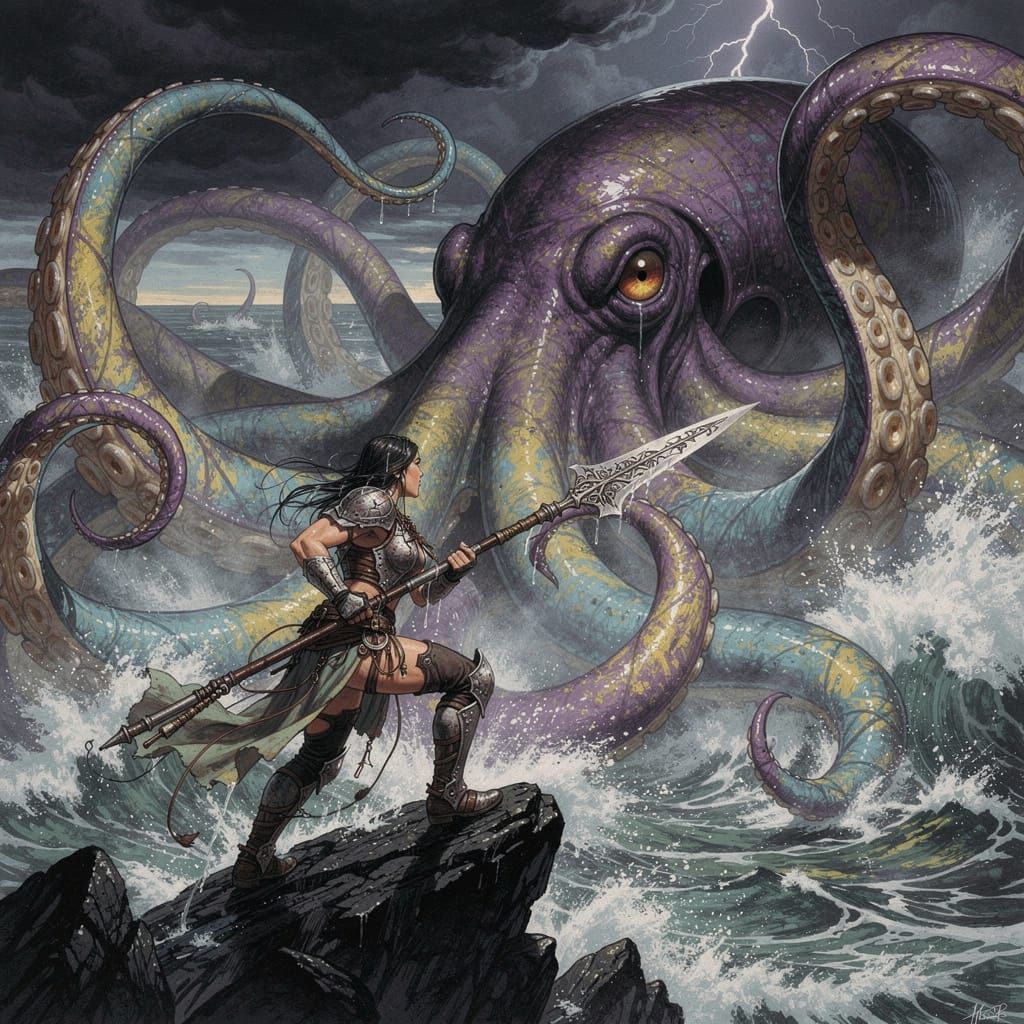 Warrior Battles Giant Squid in Stormy Ocean Epic Fantasy Art