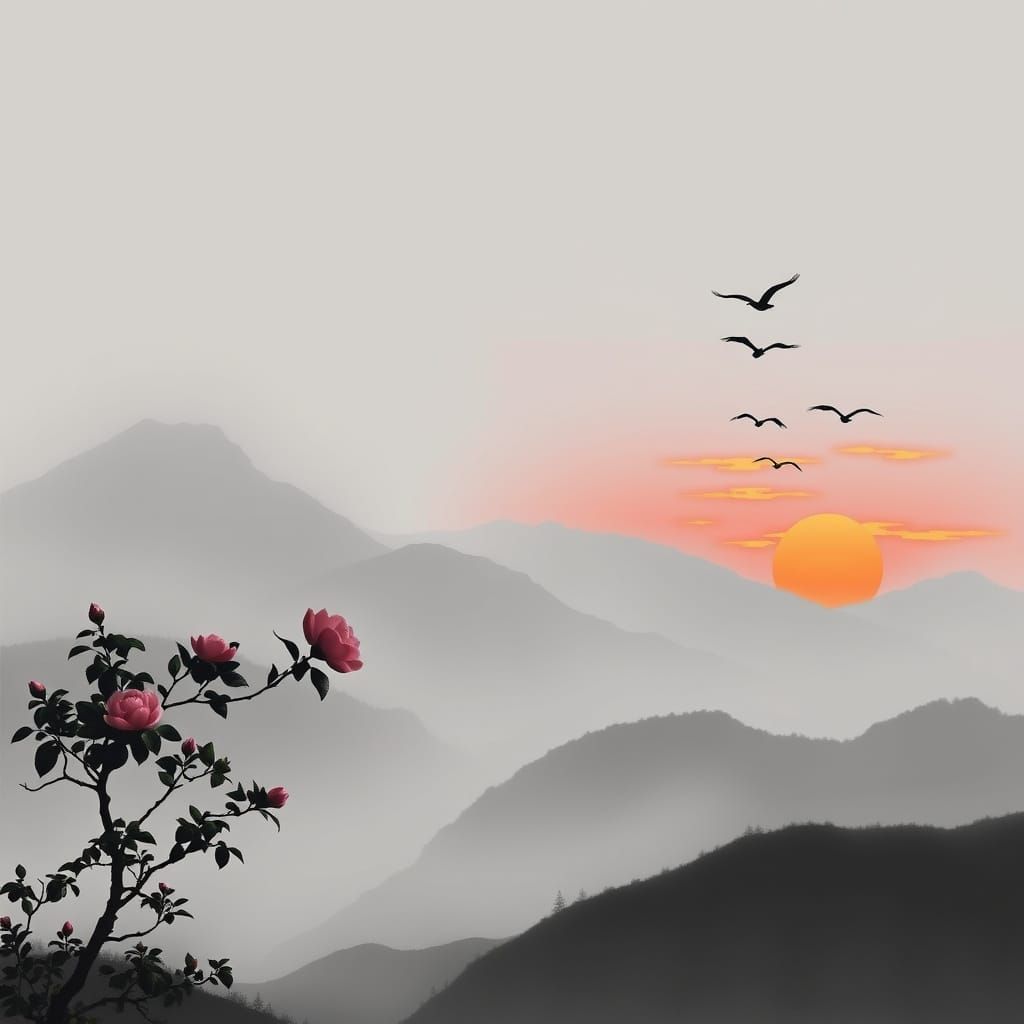 Serene Misty Mountain Landscape in Traditional Japanese Styl...