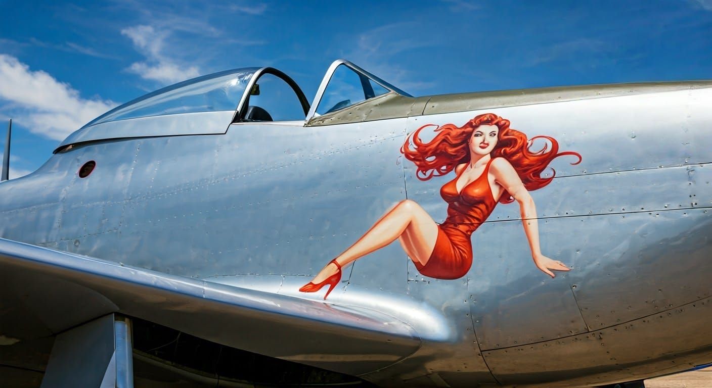 Pin-Up Girl on Vintage Warbird P-51 Mustang