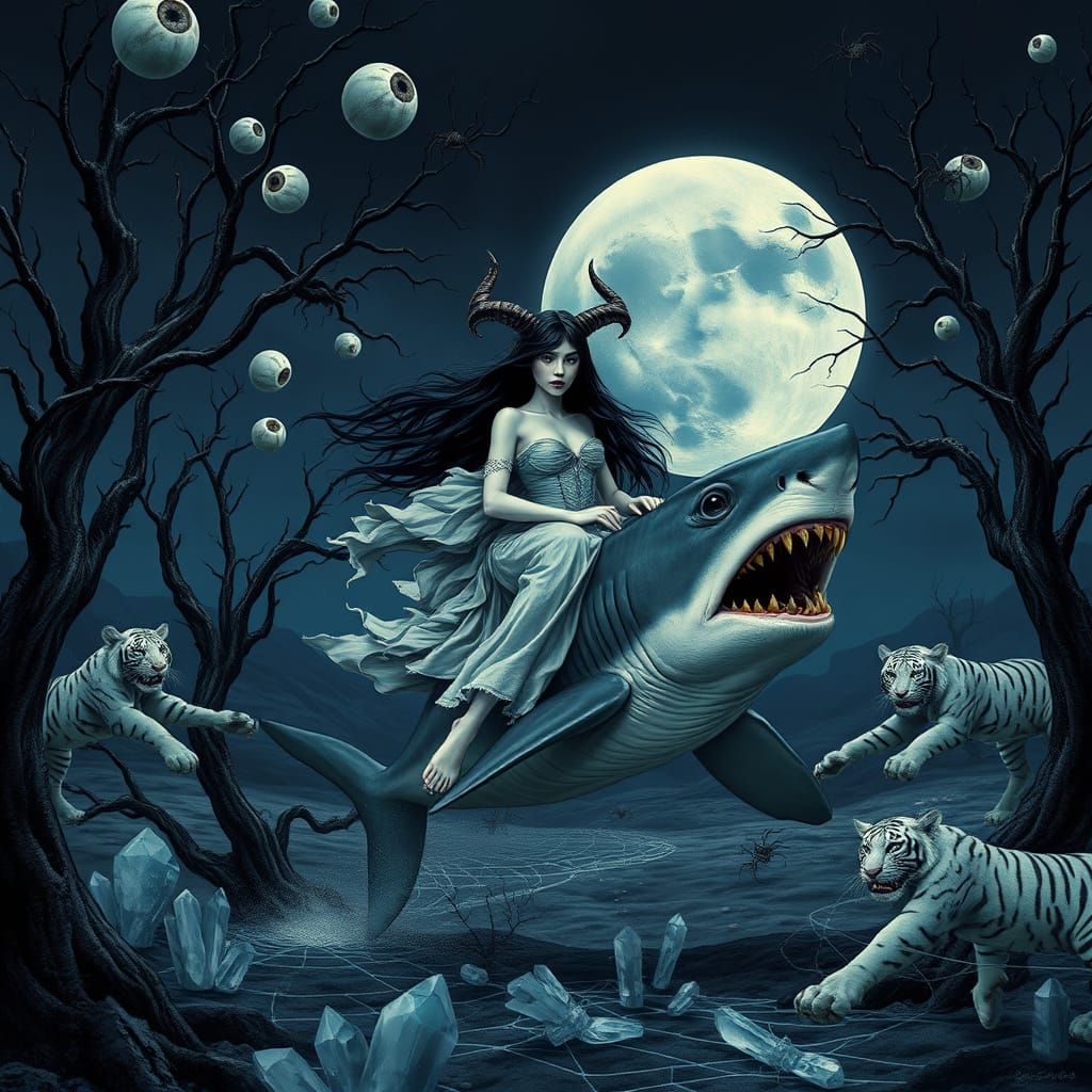 Vampire Woman Rides Shark in Gothic Crystal Desert
