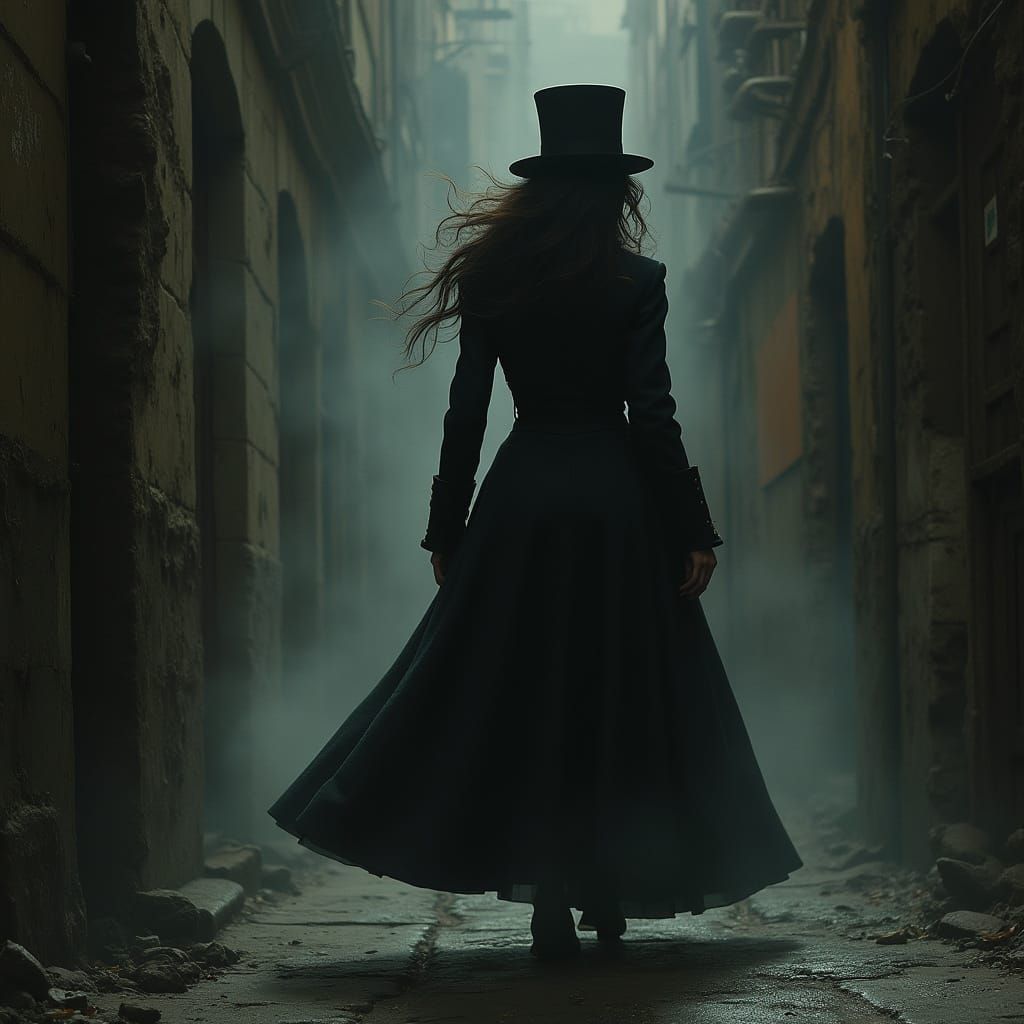 Mysterious Woman in Foggy Alley: Gothic Illustration