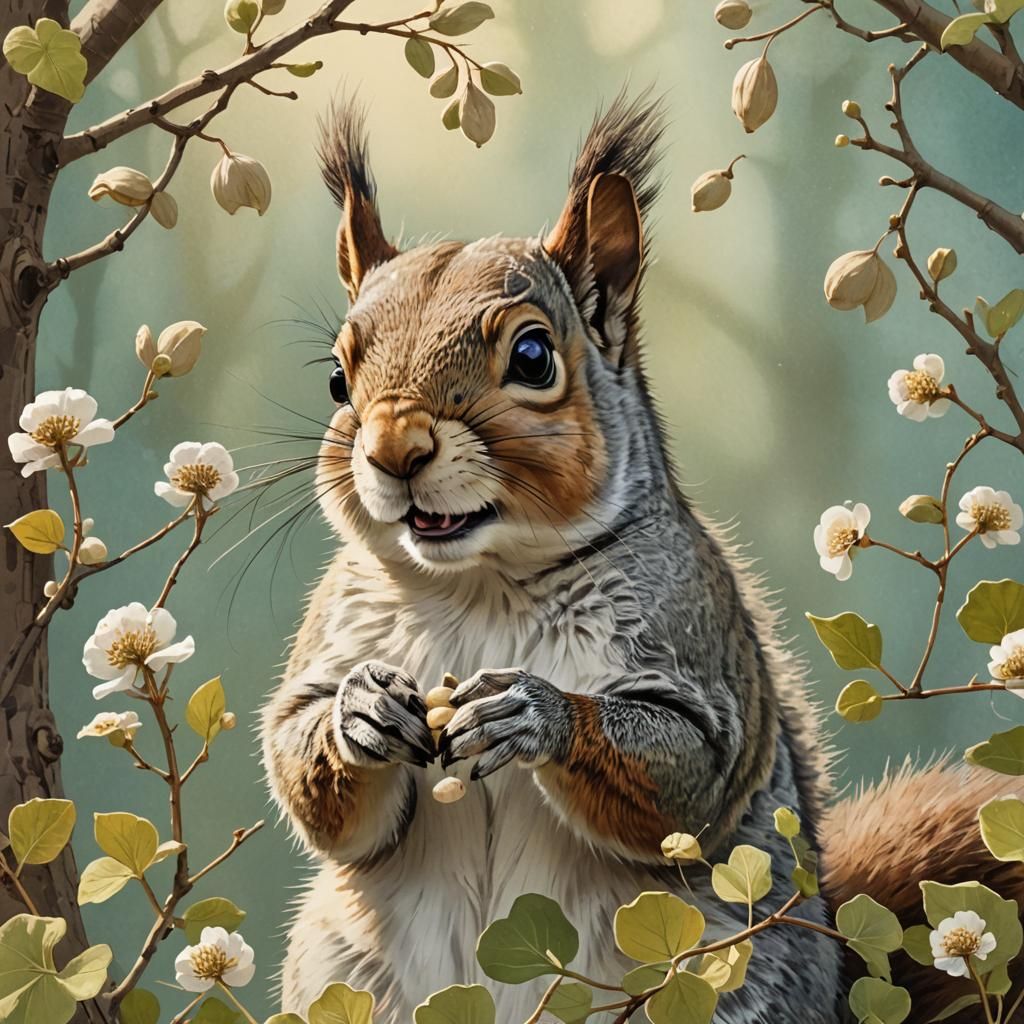 Whimsical Squirrel Illustration with Lunaria Seed Pods