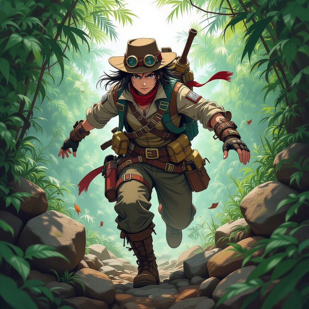 Steampunk Jungle Explorer in Anime Sketch Style