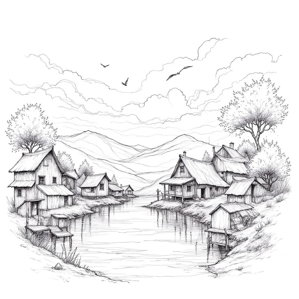 Peaceful Village Scene in Black and White Line Art