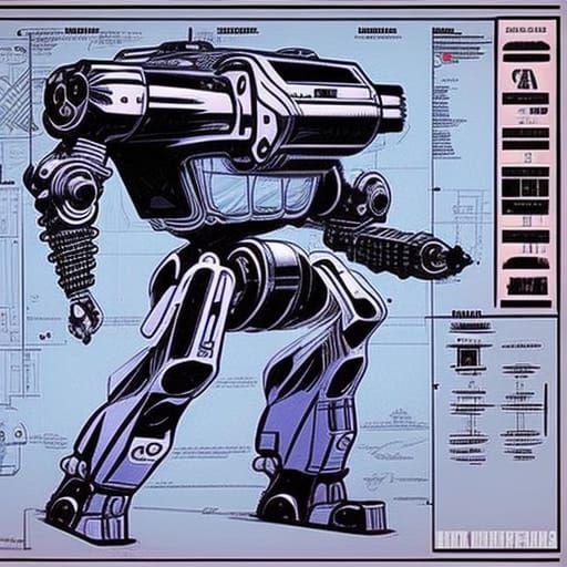 Mech on Blueprints in Comic Book Style