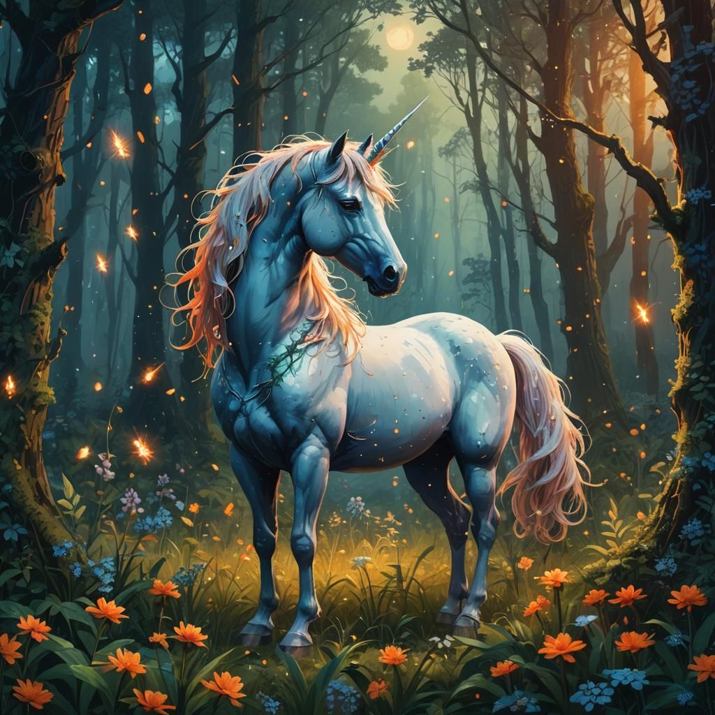 Majestic Unicorn in Mystical Forest - Digital Painting