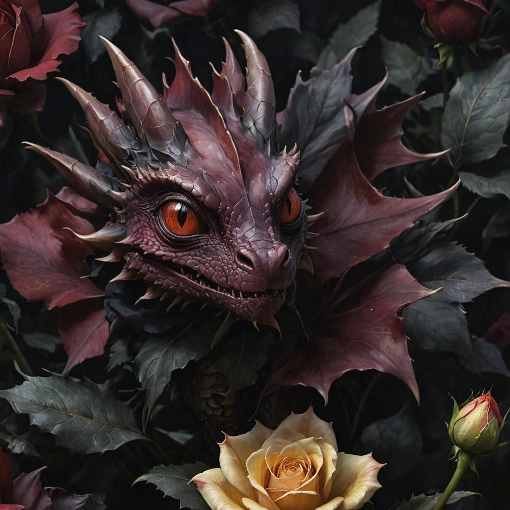 Whimsical Baby Dragon in Black Rose Petals