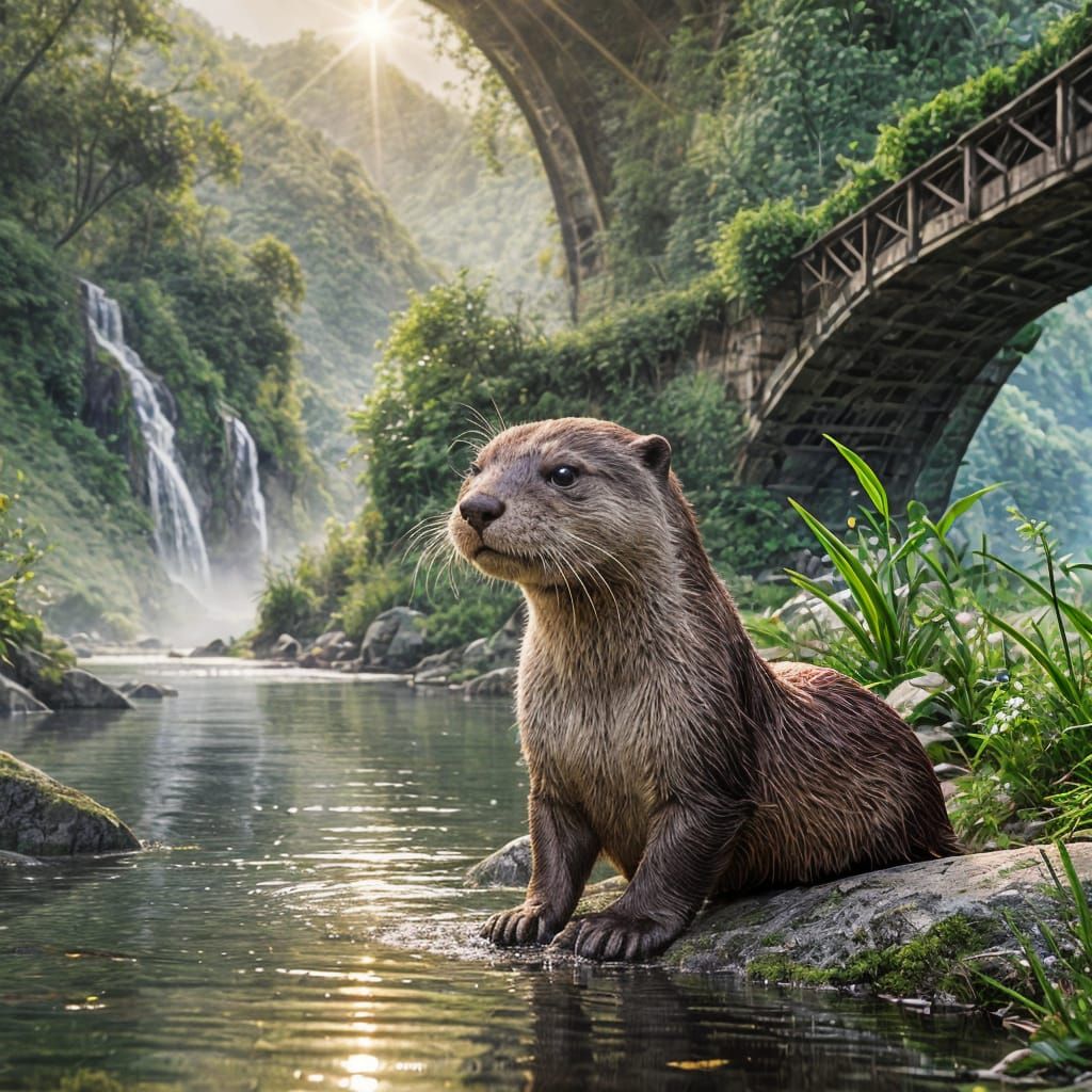 River Otter Under a Misty Mountain Bridge