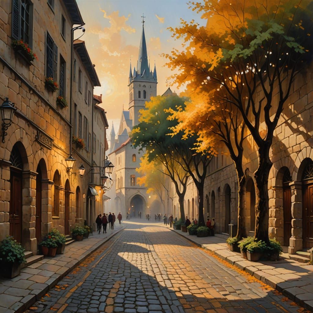 Medieval European Cityscape in Oil Painting Style