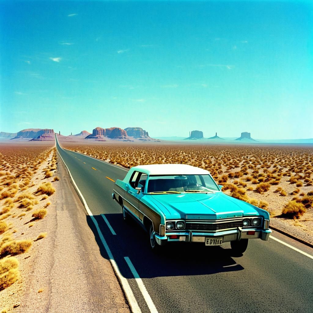 Vintage 70s Road Trip on Desert Highway