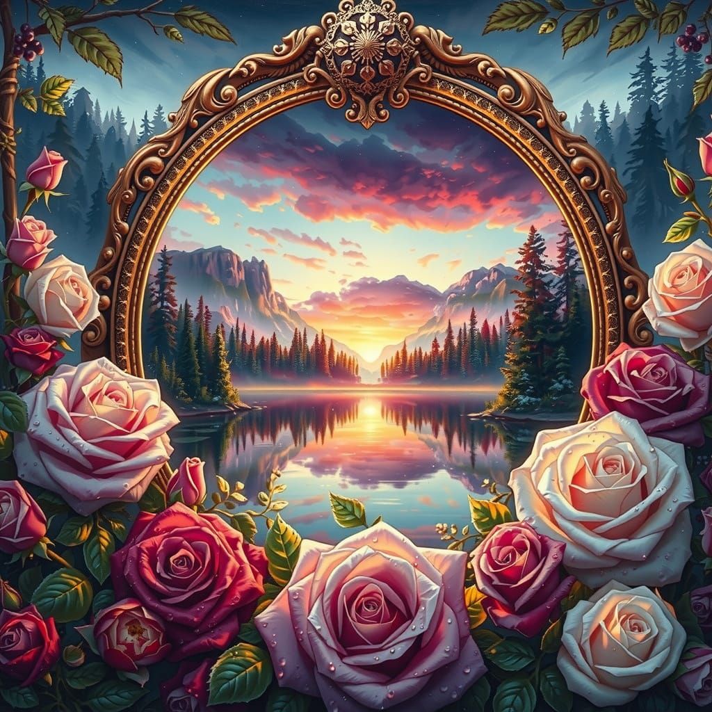 A breathtaking scene framed by an ornate golden oval frame. Within this frame, there are various roses in shades of pink...