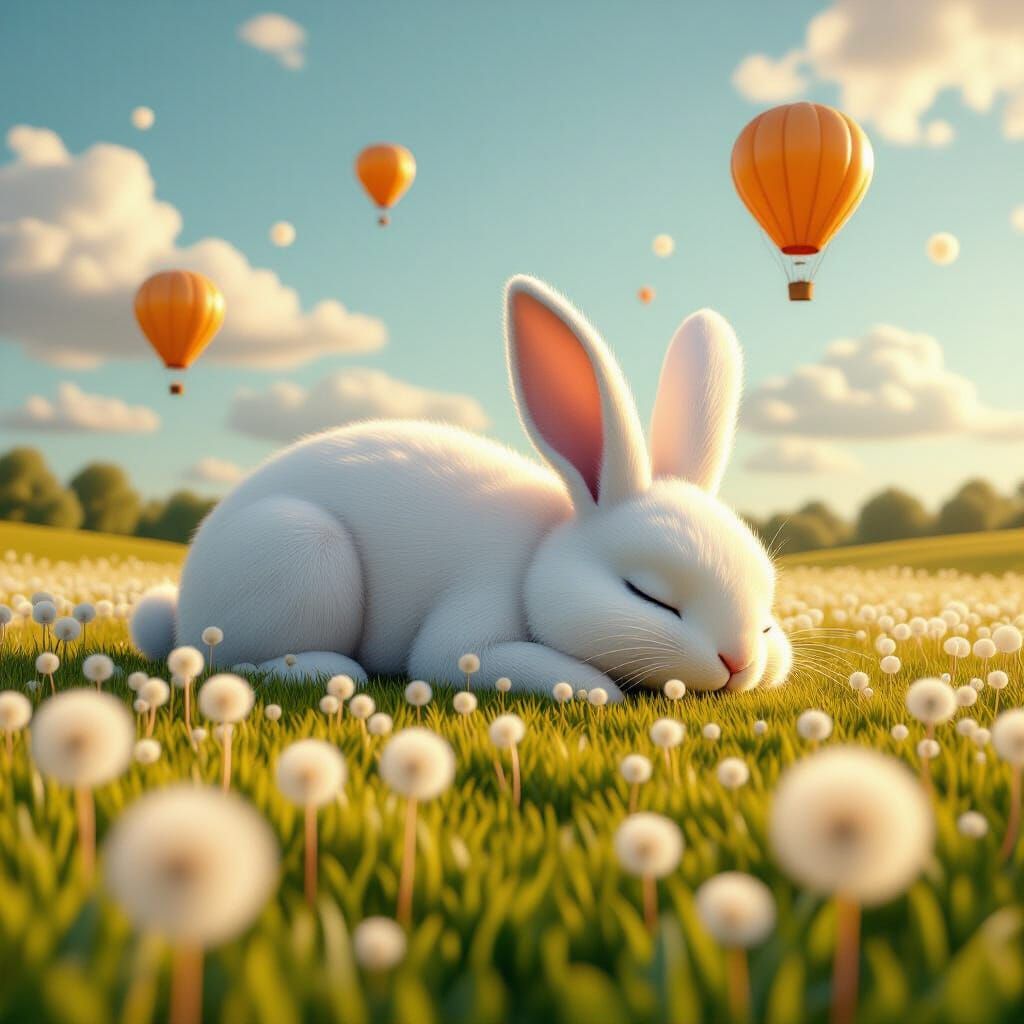 Giant Rabbit Sleeping in Field of Glowing Dandelions