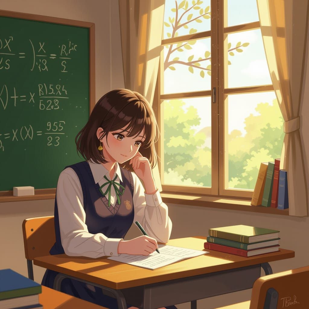 Student Daydreams in Cozy Classroom, Painterly Style