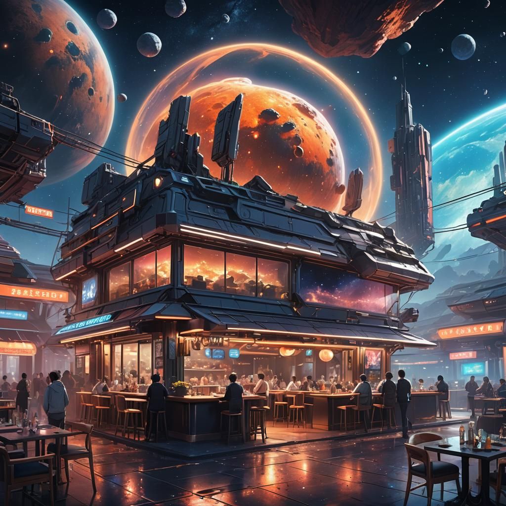 Futuristic Restaurant on Asteroid in Space