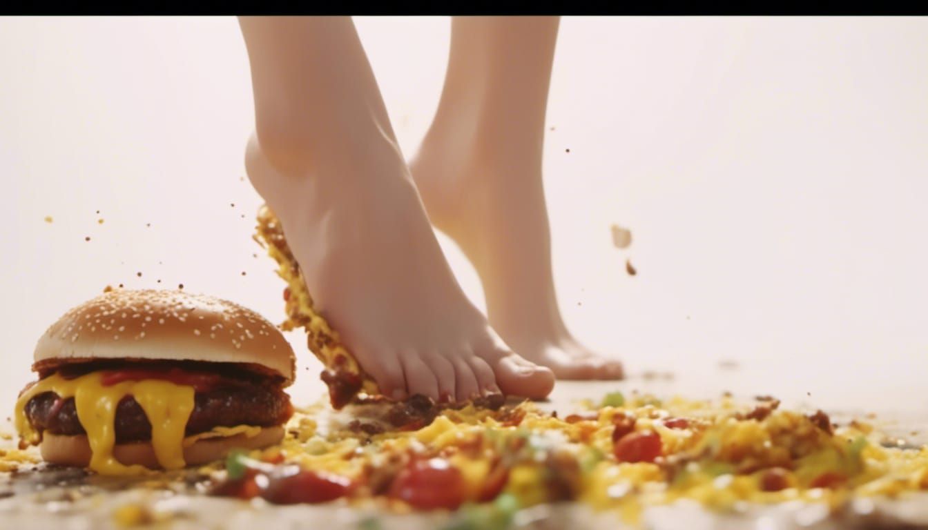 Bare Feet Crushing a Hamburger